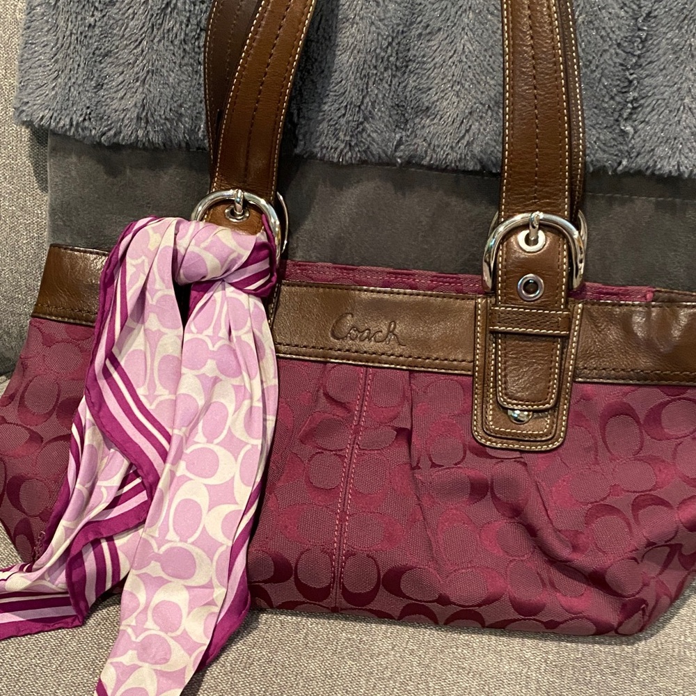 Coach Burgundy and Brown Shoulder Bag with Scarf